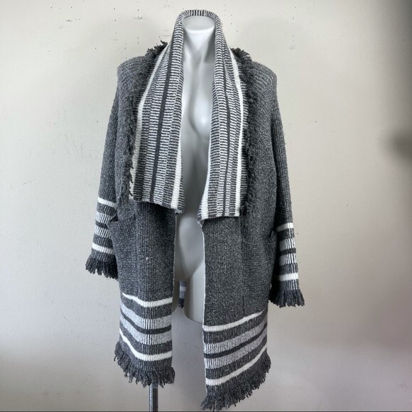 Anthropologie Saturday Sunday Fringe Gray Open Front Cardigan Sweater One Size L - Picture 14 of 16